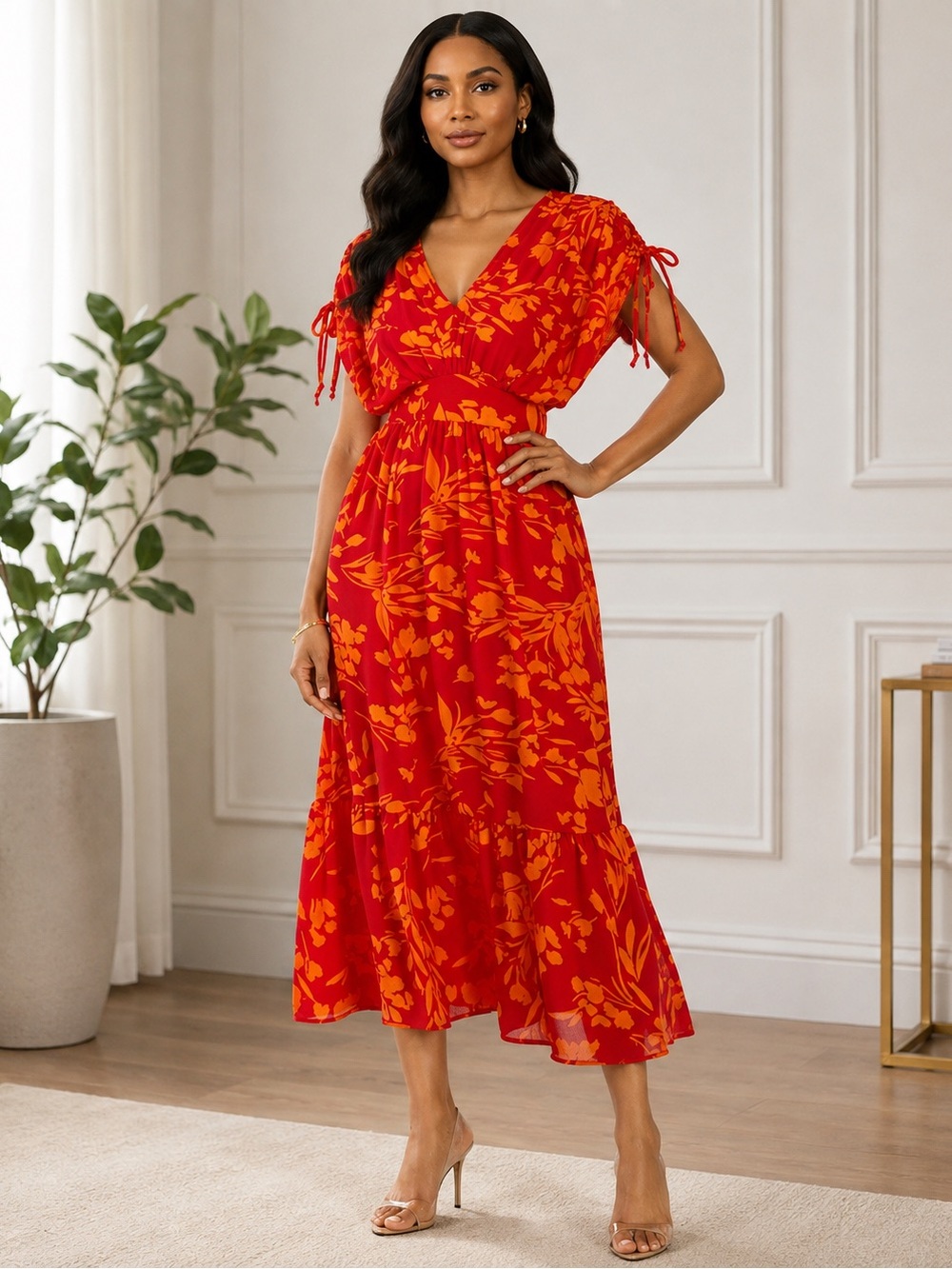 Tahari Red Midi Dress with Orange Floral Print